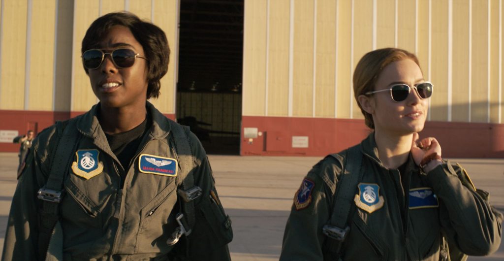 Lashana Lynch and Brie Larson as Monica Rambeau and Carol Danvers in Captain Marvel