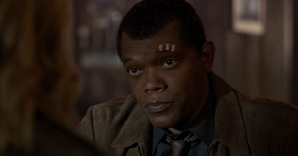 Samuel L Jackson as a younger Nick Fury in Captain Marvel